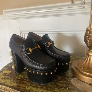 Gucci Black Platform Loafers with Gold Studs